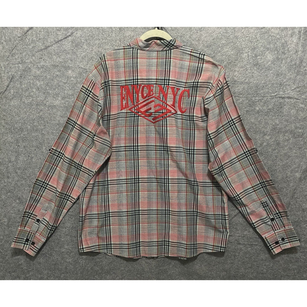 Enyce Button Up Shirt‎ Mens 3XL Red Black Plaid Embroidered Logo Roll Tab